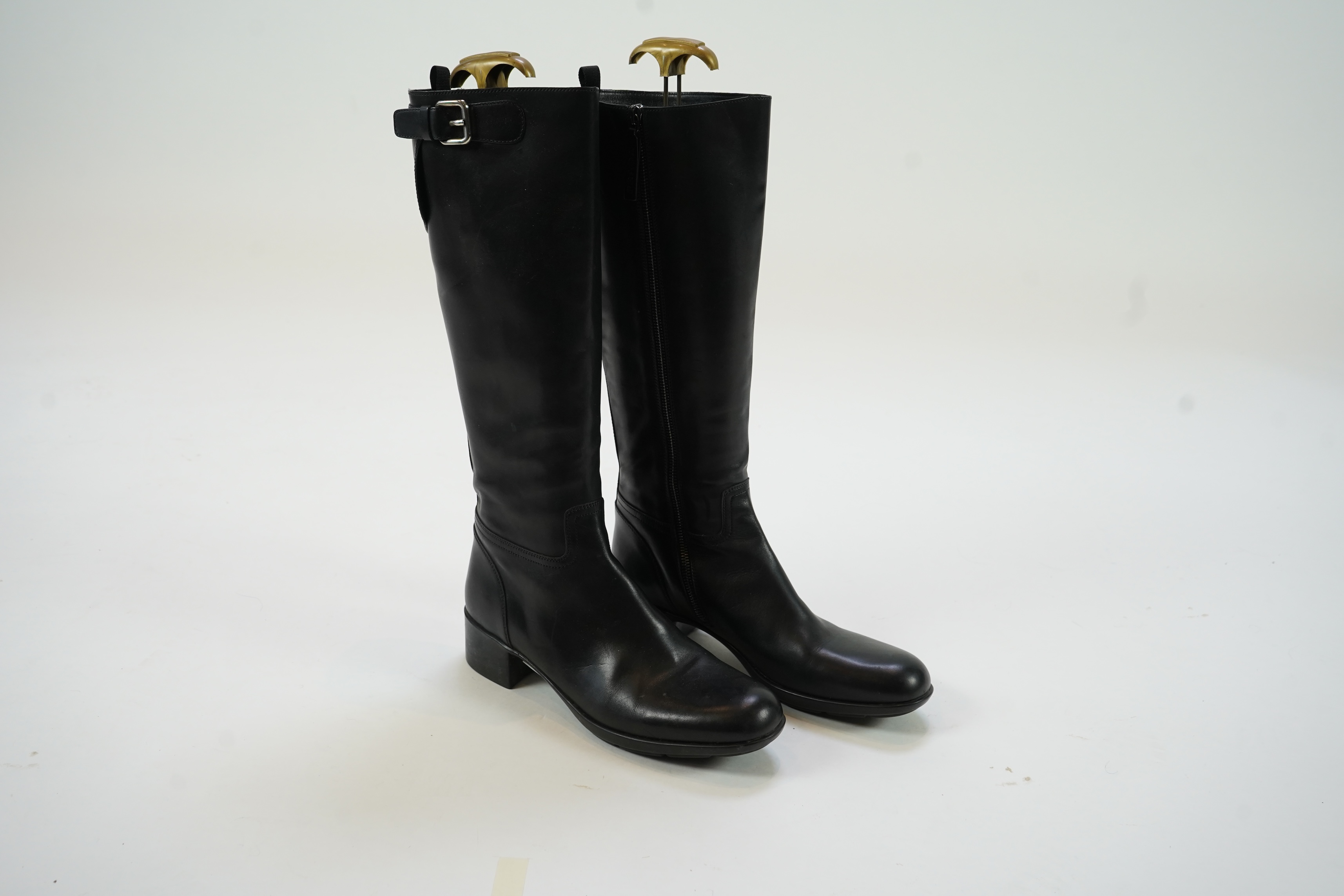 A pair of lady's Prada black leather boots and a pair of Russell & Bromley platform black leather knee high boots. size EU 40 (approx UK size 7.5)